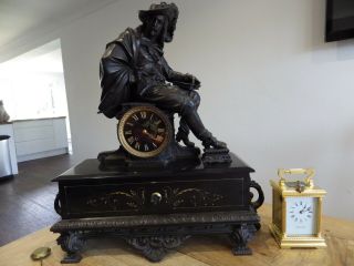 French Large Slate Clock With A Stunning Bronzed Figurine Topper 1890s
