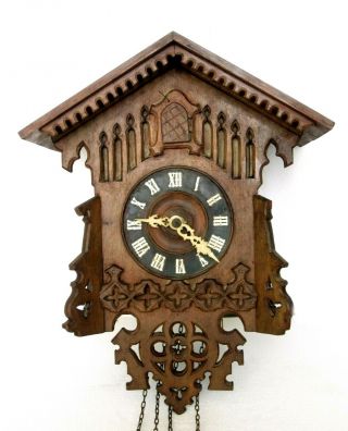 Antique Gordian Hettich Ghs Black Forest Cuckoo Clock,  Carved Wood,  Well