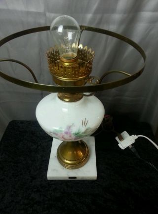Vintage Hand Painted Hollywood Regency Glass Brass Italian Marble Lamp