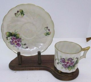 White With Purple Flowers Lusterware Teacup & Saucer Vintage