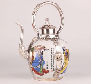 Precious Brass Tibetan Silver Porcelain Teapot Kettle Painting Decorate