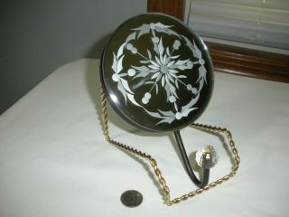Vintage Wall Mirror,  Etched Glass In Wrought Iron,  Hanging Hook W/plastic Bead