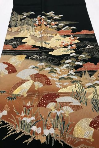 @@vintage/japanese Tomesode Kimono Silk Fabric/ Garden,  Folding Fans D637