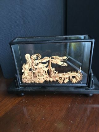 Vintage Chinese Carved Cork Scene Tabletop Glass Oval Wood Frame Display