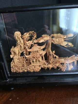 Vintage Chinese Carved Cork Scene Tabletop Glass Oval Wood Frame Display 2