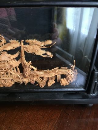 Vintage Chinese Carved Cork Scene Tabletop Glass Oval Wood Frame Display 3