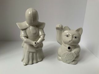 2 White Ceramic Benihana Tiki Mugs Lucky Cat And Kendo Warrior