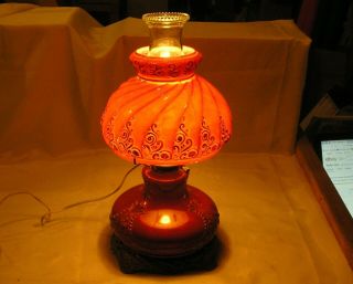 Fancy Vintage Electrified Oil Lamp,  Eagle Burner,  Red Over Milk Glass,  Cast Iron
