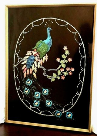 Peacock Vintage Sequin Beaded Applique Framed Wall Art 17 X 24