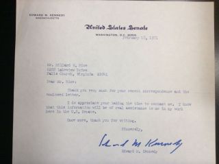 1971 Signed Letter By Senator Edward Kennedy On Us Senate Letterhead