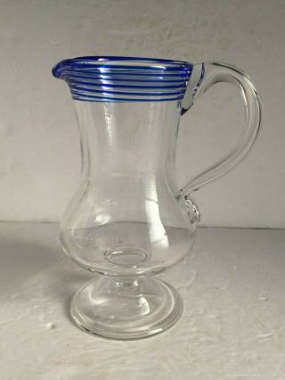 Vintage Metropolitan Museum Of Art Early American Glass Blue Thread Pitcher 7.  5 "