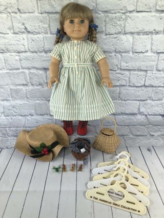 Retired American Girl Doll Kirsten Larson Summer Dress Hat Boots Fishing Items
