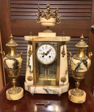 1800’s Antique French Three Piece Marble And Brass Clock