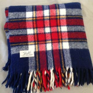 Vintage Faribo Fluff Loomed Wool Throw Blanket - Fringe Plaid - Red/white/blue