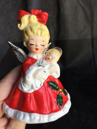 Vtg Christmas Angel Bell Holds Holy Baby Red Gown Joseph 1950s