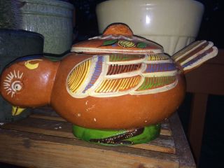 Hand Painted Mexican Terra Cotta Lidded Chicken 1950s Colorful Mexico
