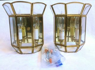 Set Of 2 Brass Wall Sconces Glass Light Fixtures Indoor Hallway