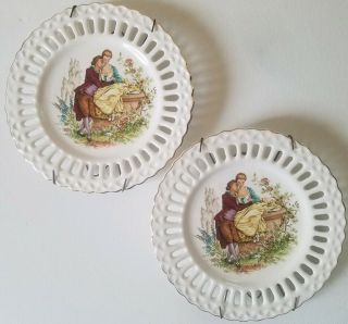 Watteau Hand Painted Decorative Wall Hanging Set Of Two Plates Courting Couple