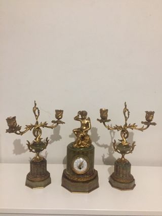 Antique French Miniature Onyx And Gilt Bronze Mantle Clock Set Garniture C1880