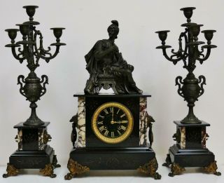 Antique French 8 Day Slate/marble Mantel Clock Candelabras Set Centurion Figure