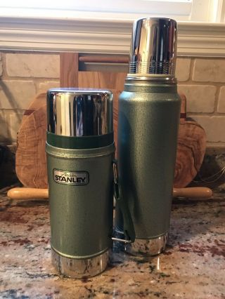 Two Vintage Stanley Thermoses - Classic Vacuum Bottles In Hammertone Green