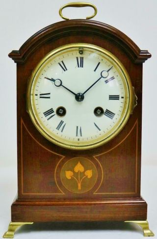 Antique French 19thc 8 Day Gong Striking Inlaid Mahogany Arched Top Mantel Clock