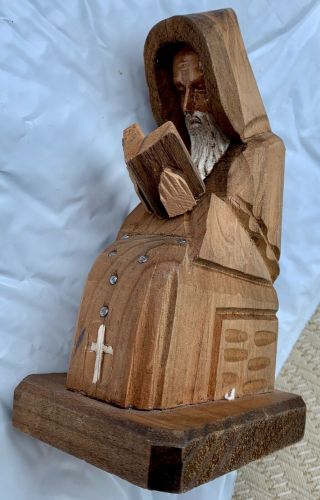 Vintage Hand Carved Wood Praying Monk Priest Figure With Rosary & Bible