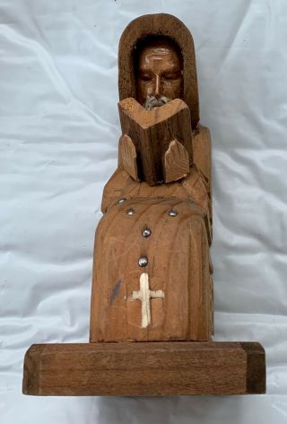 Vintage Hand Carved WOOD Praying MONK Priest Figure with Rosary & Bible 3