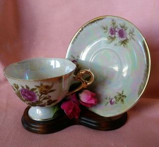Vintage Lusterware Flowered Footed Tea Cup & Saucer Set Japan