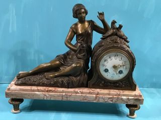 Antique Bronze Pink Mantel Clock Rullony Paris France Les Fils De Richemoz