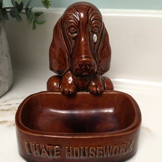 Vintage Sponge Soap Dish Enesco " I Hate Housework " Ceramic Brown Sad Hounddog