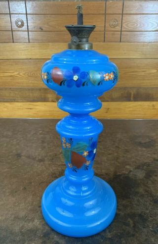 Antique Mantle Oil Lamp Blue Opaline Glass Hand Painted Flowers Floral -