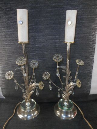 2 Vtg Hollywood Regency Silvertone Lamps Feather Clear Flower Rosette & Prisms