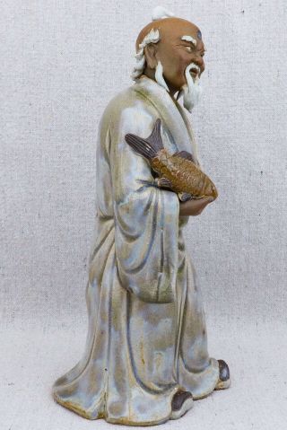 Large Antique Vintage Chinese Shiwan Pottery Mud Man Immortal & Fish 10¼” 3