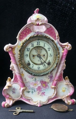 Fantastic 1881 Ansonia Royal Bonn Porcelain Clock Open Escapement Running Well