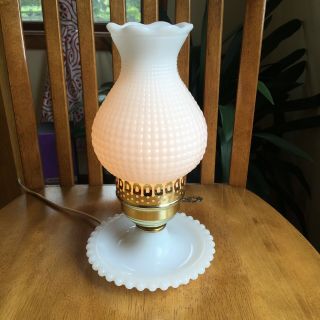 Vintage Hobnail Milk Glass Hurricane Style Table Lamp With Candlewick Base,  Euc
