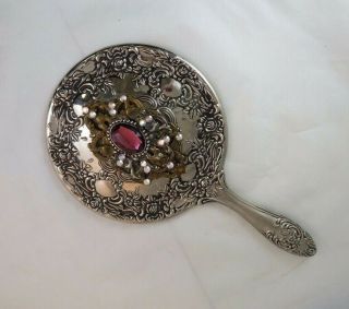 Vintage Ornate Silver Hand Held Vanity Mirror Metal Rhinestone Art Nouveau