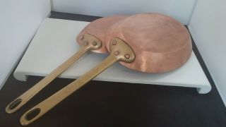 2 Vtg Matching Hand Pounded Copper Fish Frying Pans Tin Lined W/ Brass Handles