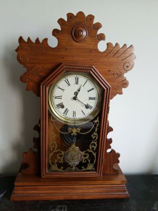Antique Waterbury Carved Oak Gingerbread Parlor Mantel Clock Keys