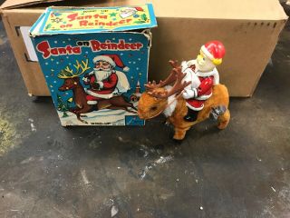 Vintage Christmas Tin Toy Santa Claus Wind Up On Reindeer Frankonia Japan Box