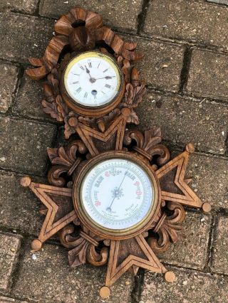 Antique Carved Oak Wall Clock & Barometer
