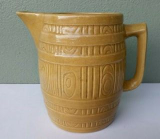 Antique Yellow Ware Pottery Oak Barrel Pitcher
