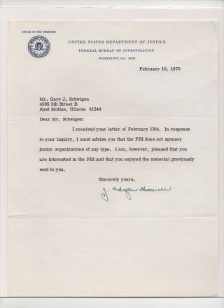 J.  Edgar Hoover Signed 1970 Office Of Fbi Director Letter Autograph Auto Usa