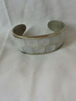 Vtg Native American Navajo Sterling Silver & Mother - Of - Pearl Inlay Cuff Bracelet