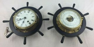 Schatz Royal Mariner Ships Wheel Brass Clock & Barometer / Thermometer Set - Gc