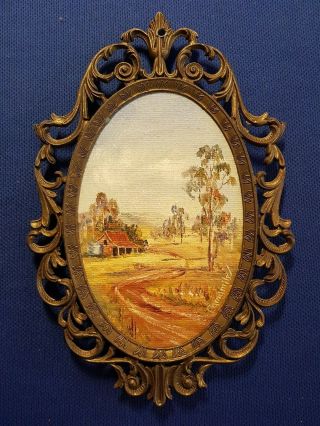Vintage Ornate Brass Frame With Miniature Oil Painting Artist Signed
