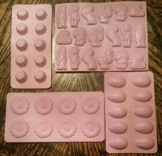 4 Vintage Wilton 1973/1974 Pink Plastic Candy Molds Easter Eggs - Animals - Flowers