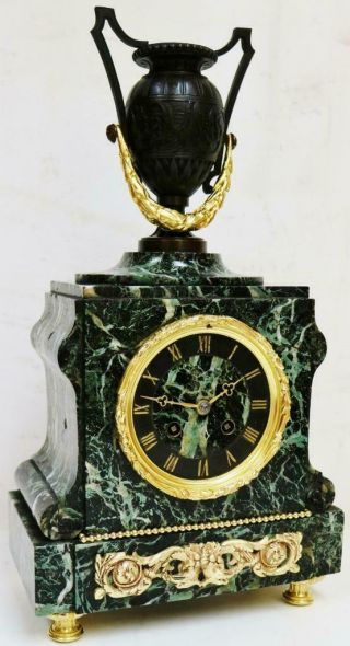Antique French 8 Day Green Marble & Bronze Ormolu Bell Striking Mantel Clock