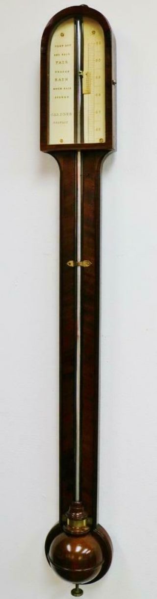 Fine Quality Antique Irish Flame Mahogany Stick Wall Barometer & Thermometer