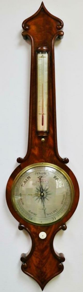Antique English Banjo Flame Mahogany Wall Barometer & Thermometer